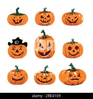 Ensemble de citrouilles d'halloween, visages drôles, citrouilles effrayantes effrayantes effrayantes, illustration vectorielle. Illustration de Vecteur