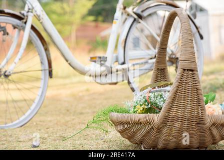 Bouquet dans des paniers en osier placés dans le jardin avec vieux fond de vélo Banque D'Images