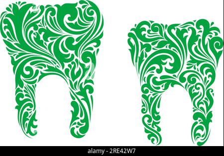 Deux dents décoratives de dessin animé vectoriel différentes avec des motifs floraux verts tourbillonnants et foliés sur blanc Illustration de Vecteur