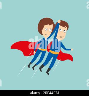 Femme d'affaires et homme d'affaires en costumes de super-héros avec des capes rouges volant vers le haut se tenant la main, pour l'équipe d'affaires super ou la conception de concept de partenariat. Style plat de dessin animé Illustration de Vecteur