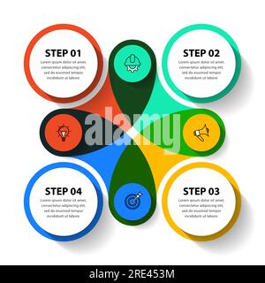 Modèle infographique avec icônes et 4 options ou étapes. Cercle abstrait. Peut être utilisé pour la mise en page de flux de travail, diagramme, bannière, webdesign. Illustration vectorielle Illustration de Vecteur