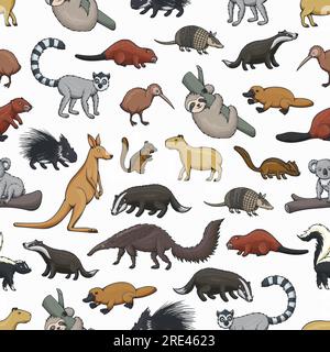 Les animaux sauvages vecteur sans couture modèle de zoo ou de chasse mammifères et oiseaux. Fond animal de kangourou, ornithorynque, kiwi et koala ours sur branche, blaireau, castor, lémurien et porc-épic, capybara, skunk Illustration de Vecteur