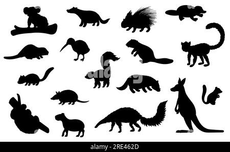 Silhouettes noires d'animaux sauvages de sport de chasse et de conception de vecteur de zoo. Kangourou, koala ours, blaireau et castor, ornithorynque, kiwi oiseau, porcupine et lémuriens, échidna, capybara et armadillo animaux sauvages Illustration de Vecteur