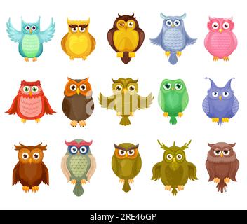 Owl Birds Vector design de jolies owlets de dessins animés. Grange à plumes colorées, hiboux aux oreilles longues et aigle avec ailes déployées et grands yeux, oiseaux de proie sauvages isolés pour la conception de mascotte de la faune Illustration de Vecteur