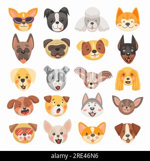 Chien mignon et chiot visages dessin animé vectoriel d'animaux de compagnie. Têtes isolées de terrier, bouledogue français, chiot et corgi, labrador, caniche, chiens doberman et chihuahua races avec des langues drôles, des sourires Illustration de Vecteur