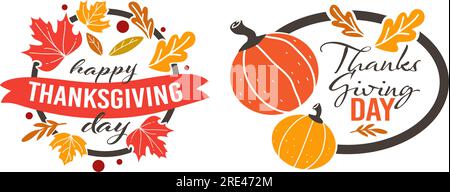 Cartes de voeux et bannières pour les fêtes de Thanksgiving, affiches isolées ou circulaires avec citrouilles et feuilles d'automne sèches et feuillage d'érable. fram décorative Illustration de Vecteur
