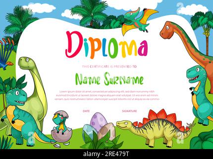 Diplôme d'enfants avec des dinosaures de dessin animé, dragons vecteurs mignons, personnages drôles de bébé dino dans des œufs. École, certificat de maternelle avec des animaux préhistoriques de la période jurassique tyrannosaurus rex, ptérodactyl Illustration de Vecteur