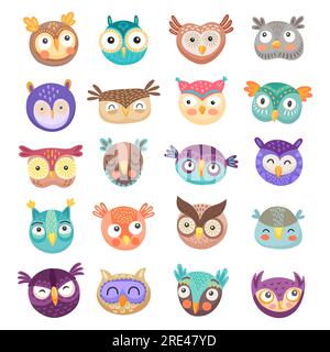 Hibou et hibou visages vecteur de dessin animé de mignons oiseaux de proie avec des plumes colorées et de grands yeux drôles. Grange heureuse, aigle et hiboux à oreilles longues pour enfants emoji comique, émoticône ou conception d'avatar Illustration de Vecteur