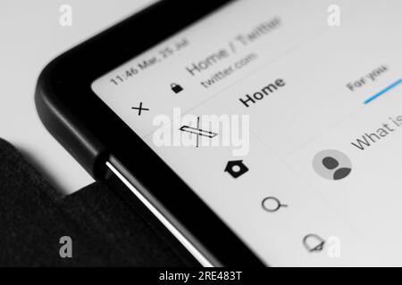 Oviedo, Espagne - 25 juillet 2023 : Nouveau logo de l'application Twitter sur l'écran tactile de la tablette numérique. Réseau social mondial Banque D'Images