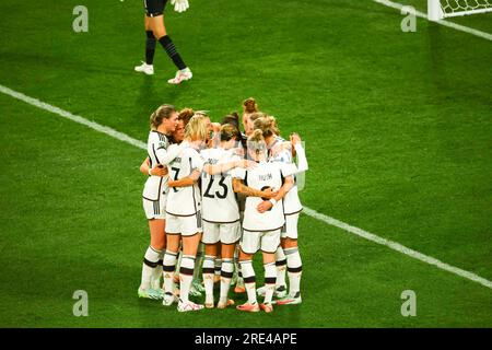 Équipe allemande, célébrée lors du match de groupe de la coupe du monde féminine de la FIFA, Australie et Nouvelle-Zélande 2023 entre l'Allemagne et le Maroc au Melbourne Rectangular Stadium. L'Allemagne a gagné le match 6-0. Banque D'Images