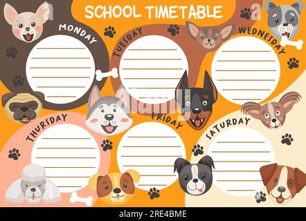 Horaire de l'école horaire chiens et chiots. Modèle de planificateur hebdomadaire de vecteur d'éducation avec des personnages de dessins animés mignons. Table de temps pour enfants pour les leçons avec des cadres pour la liste des classes et des muselières drôles de chien Illustration de Vecteur