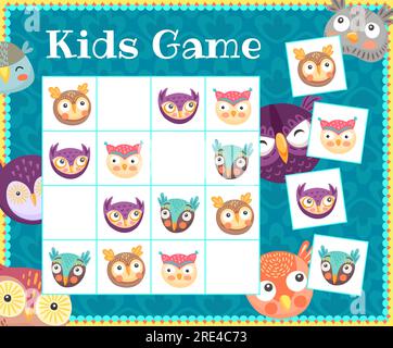 Dessins animés mignons owlets et hiboux, jeu de sudoku pour enfants ou puzzle de table, vecteur. Jeu de société Sudoku ou puzzle logique enfant avec des oiseaux drôles avec de grands yeux et des plumes de motif, jeu d'énigme Illustration de Vecteur