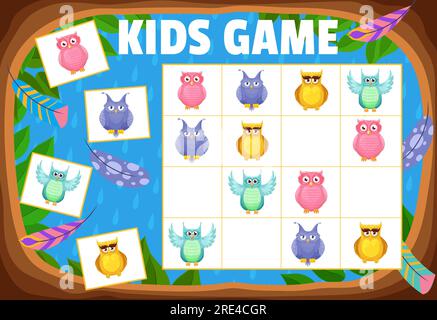 Enfants sudoku jeu hiboux et owlets de dessin animé, puzzle logique de table, vecteur. Jeu de société Sudoku pour les enfants avec des hiboux drôles, des owlets et des oiseaux aigle-hibou avec des plumes dans un arbre creux, jeu d'activité pour enfants Illustration de Vecteur