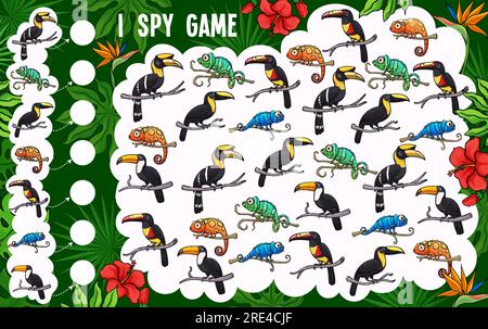 Jeu d'espionnage pour enfants, toucan de dessin animé et caméléons, vecteur trouver et match jeu de plateau. Puzzle de table pour enfants ou j'espionne le jeu avec des oiseaux tropicaux et lézard caméléon dans les palmiers de la jungle et les fleurs Illustration de Vecteur