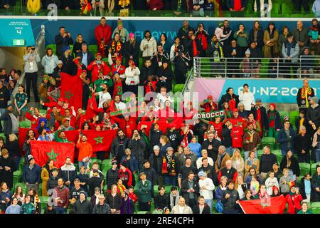Melbourne, Australie. 24 juillet 2023. Les supporters marocains se réjouissent lors du match de groupe de la coupe du monde féminine de la FIFA Australie et Nouvelle-Zélande 2023 entre l'Allemagne et le Maroc au stade rectangulaire de Melbourne. L'Allemagne a gagné le match 6-0. (Photo George Hitchens/SOPA Images/Sipa USA) crédit : SIPA USA/Alamy Live News Banque D'Images