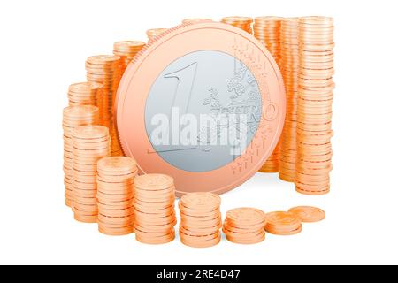 Pièce d'euro avec graphique croissant de pièces d'or autour, rendu 3D isolé sur fond blanc Banque D'Images