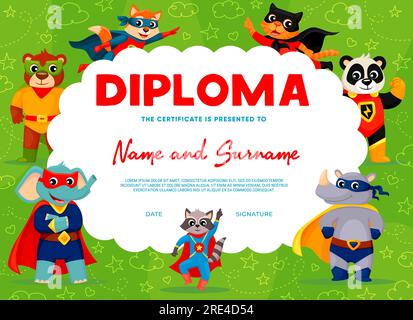 Diplôme d'enfants avec des personnages animaux de dessin animé de super-héros. Certificat de vecteur, diplôme ou récompense de l'éducation maternelle avec chat super héros drôle, chien, ours et raton laveur, éléphant, panda et rhinocéros Illustration de Vecteur