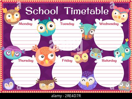 Hiboux de dessin animé et owlets oiseaux drôles, calendrier d'éducation des enfants, vecteur. Planificateur hebdomadaire de l'école ou calendrier des leçons avec mignons baby hiboux et owlets avec de grands yeux Illustration de Vecteur