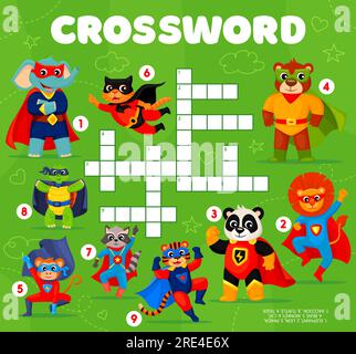 Grille de mots croisés, jeu de quiz de personnages animaux de dessin animé de super-héros. Feuille de calcul vectorielle de trouver un puzzle de mot ou un jeu d'énigme avec chat mignon, lion et tigre, ours courageux, raton laveur, panda et super héros d'éléphant Illustration de Vecteur