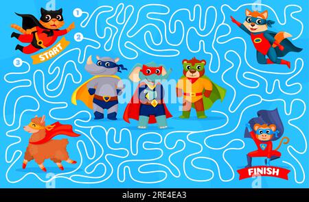 Labyrinthe jeu de labyrinthe, dessin animé super-héros animal personnages de puzzle enfants feuille de calcul vectorielle. Trouver le bon chemin énigme avec le chat brave super héros, le chien, l'ours et le singe dans les capes et les masques, jeu de pathfinding Illustration de Vecteur