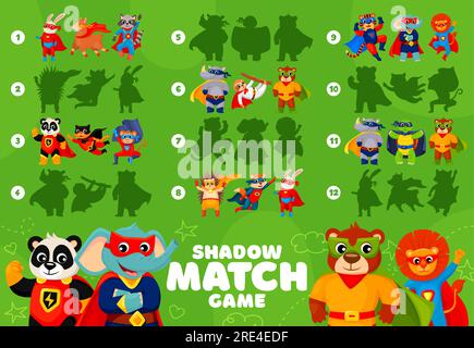 Jeu d'appariement d'ombres. Feuille de calcul vectorielle de puzzle de personnages animaux de dessin animé de super-héros pour enfants. Quiz d'énigme d'activité d'éducation des enfants avec trouver la tâche d'ombre correcte, chat, chien, ours et lion super héros Illustration de Vecteur