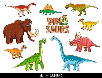 Personnages de dinosaures de dessin animé. Animal éteint, dinosaure de l'ère jurassique mignons personnages vectoriels ou mascottes d'Archaeornithomimus, Dimetrodon, Velociraptor et Tarbosaurus, Mammoth, Styracosaurus et Mammoth Illustration de Vecteur