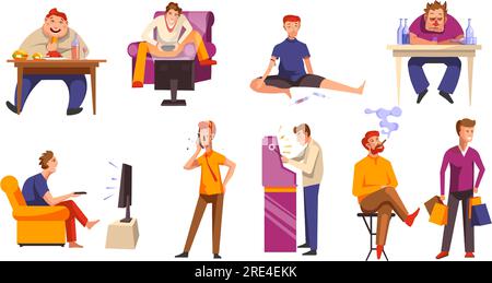Mauvaises habitudes et dépendances des gens, personnes isolées qui fument et boivent, qui prennent des drogues et font du shopping, qui jouent et qui regardent la télévision et les médias. Lecture Illustration de Vecteur