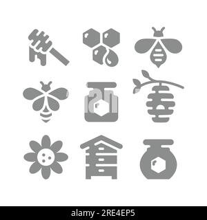 Bocal de miel, nid d'abeille et icônes vectorielles de ruche. Abeille, jeu d'icônes de godet à miel. Illustration de Vecteur