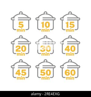 Temps de cuisson et icône de ligne de casserole réglés. Cuire pendant 5, 20 minutes icônes vectorielles. Illustration de Vecteur