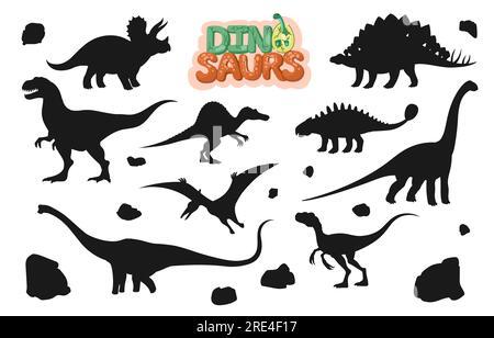 Silhouettes de personnages de dinosaures de dessin animé. Vecteur animaux préhistoriques, lézard monstre ou dragons avec œuf de dino et pierres volcaniques. Triceratops, pteranodon, stegosaurus et tyrannosaurus personnages Illustration de Vecteur