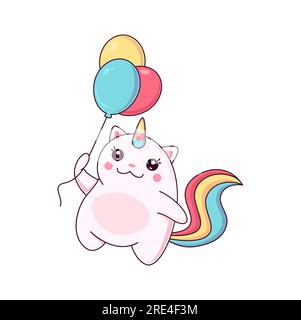 Kawaii cathorn de dessin animé avec bouquet de ballons colorés. Chat de licorne vecteur mignon, personnage drôle de chatte magique rose avec queue arc-en-ciel, chaton de conte de fées fêter l'anniversaire, les vacances ou la fête Illustration de Vecteur