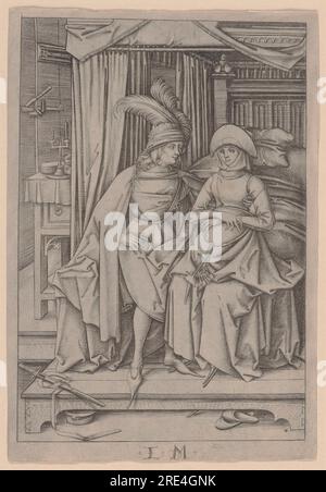 Couple amoureux assis sur un lit vers 1495-1503 Israhel van Meckenem (allemand, 1440/45–1503) gravure Banque D'Images