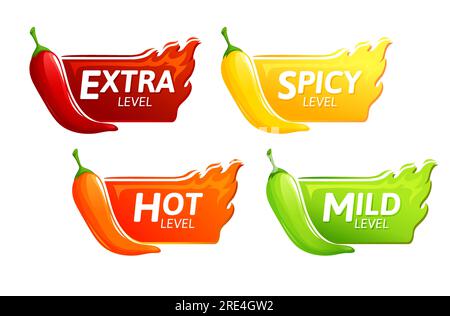 Piment rouge épicé, piment de Cayenne, icônes jalapeno avec des flammes de feu. Collection d'emblèmes de niveau de nourriture épicée Vector, extra, épicé, chaud et doux force de sauce ou de snack-food isolé Illustration de Vecteur