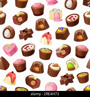 Bonbons au chocolat, truffes et motif sans couture praliné. Fond de vecteur de desserts sucrés et chocolatés, caramel, noix et noix de coco, café, crème de lait et nougat, fond de confiserie Illustration de Vecteur