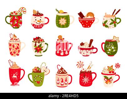 Chocolat de Noël et boissons à lait de poule. Vector tasses et tasses de boissons chaudes de vacances d'hiver, cacao, œuf nog et cocktails de café avec friandises de Noël, crème, cannes de bonbons, pain d'épices, biscuits, marshmallow Illustration de Vecteur