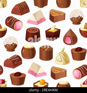 Bonbons au chocolat modèle sans couture de fond de vecteur de nourriture sucrée. Desserts aux truffes, chocolat blanc, lait et noir avec praliné aux noix, caramel, cacao en poudre et crème de café, noix de coco et nougat Illustration de Vecteur
