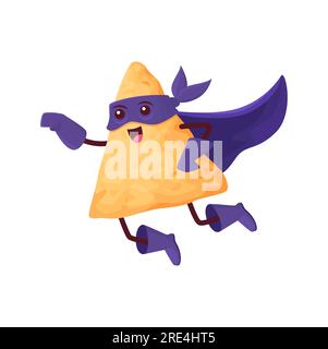 Personnage de super-héros mexicain nachos de dessin animé en masque et cape volant. Vecteur drôle super héros tex mex snack, personnage isolé de livre de bandes dessinées de fantaisie pour le menu de nourriture pour enfants. Aventurier courageux du Mexique Illustration de Vecteur