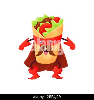 Personnage de super-héros de dessin animé tex mex burrito. Vecteur drôle de livre de comics de super héros de nourriture mexicaine personage en cape, bottes, gants et masque. Défenseur moustaché isolé et puissant de conte de fées Illustration de Vecteur