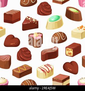 Bonbons vecteur modèle sans couture de chocolat, truffe et desserts pralinés. Fond de nourriture sucrée de bonbons au cacao avec noix, caramel et garnitures de crème de café, nougat, mousse de fruits et glaçage au sucre Illustration de Vecteur