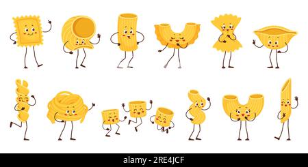 Personnages de pâtes de dessin animé, personnages heureux de vecteur de nourriture de macaroni italien. Nouilles mignonnes, penne, fusilli et rigatoni, raviolis drôles, fettuccine et farfalle, caractères de pâtes conchiglie et ditalini Illustration de Vecteur