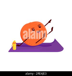 Personnage de mandarin doux de dessin animé dans la pose de yoga. Vector Funny Citrus Personage assis sur un tapis cherchant l'équilibre du corps et de l'esprit. Mode de vie sain, cours de sport, tangerine comique de santé sur la pratique du yogi Illustration de Vecteur