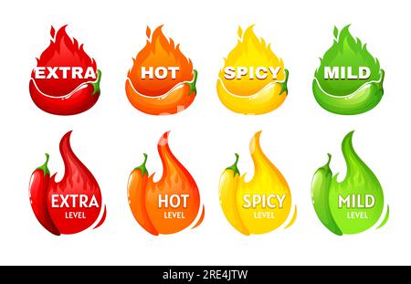 Étiquettes de niveau épicé chaud, icônes vectorielles, emblèmes d'échelle de nourriture salée. Piment, piment de Cayenne ou jalapeno avec des flammes rouges, jaunes, oranges et vertes. Extra, épicé, chaud et doux de la force de la sauce ou de la collation Illustration de Vecteur