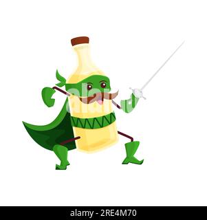 Tequila de dessin animé, pulque ou mezcal super-héros défenseur combat le personnage sur rapière. Vector mexicain drôle super héros alcool boisson bande dessinée livre personage escrime. Bouteille de combat isolée en cape et masque Illustration de Vecteur