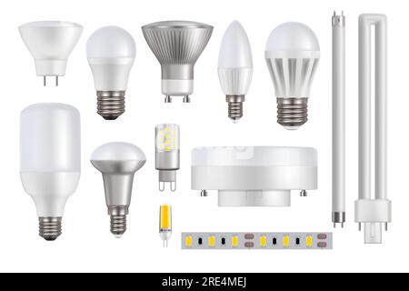 Ampoules LED isolées sur fond blanc maquette vectorielle réaliste. Lampes À LED, ampoules et tubes, bande ou ruban à diodes ÉLECTROLUMINESCENTES. équipement électrique 3d ou accessoires ménagers Illustration de Vecteur