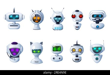 Icônes de bot de chat, robots de dessin animé, têtes de cyborg vecteur avec visage lumineux numérique, microphones et antennes. Technologie d'intelligence artificielle. Jeu de caractères d'assistant chatbot ai électronique mignon amical Illustration de Vecteur