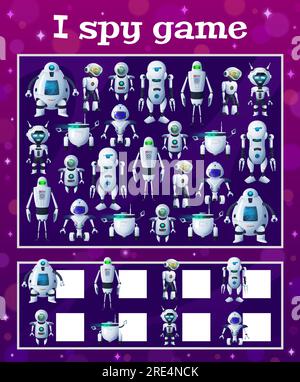 J'espionne le jeu d'enfants avec des robots de dessin animé, tâche vectorielle avec des droïdes ai. Énigme éducative combien de cyborgs androïdes et bots mathématiques tester. Compétences en numératie et développement de l'attention page pour les enfants Illustration de Vecteur