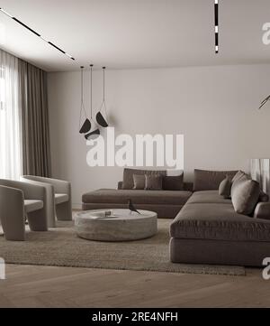 Salon intérieur minimalisme classique gris avec table en pierre, lampe, plafonnier et fauteuil. Maquette de fond de mur vide. Modulaire grand brun Banque D'Images