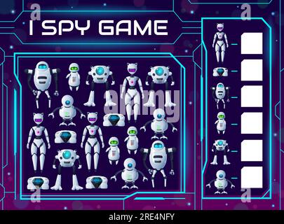 Kids Riddle I jeu d'espionnage avec des robots de dessins animés et des droïdes ou des robots, vecteur trouver et assortir puzzle de table. Jeu de société devinez devinette pour enfants avec des aliens IA, des chatbots et des cyborgs android Illustration de Vecteur