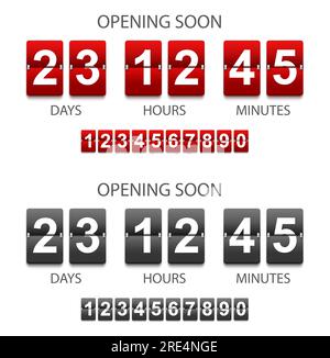 Chronomètre de compteur de temps de compteur de compte à rebours, compte à rebours flip board. Ouverture prochaine minuterie vectorielle 3d éléments, jours, heures et minutes, nombres isolés de un à zéro. Promotion d'ouverture de magasin, solde Illustration de Vecteur