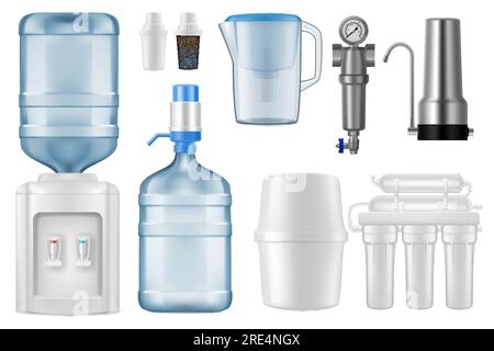 Maquettes vectorielles réalistes de filtre à eau. cruche de filtration 3d et système de purification d'osmose inverse avec réservoir de stockage, robinet de filtre et cartouches, refroidisseur, bouteille avec pompe, conception d'équipement de filtration Illustration de Vecteur